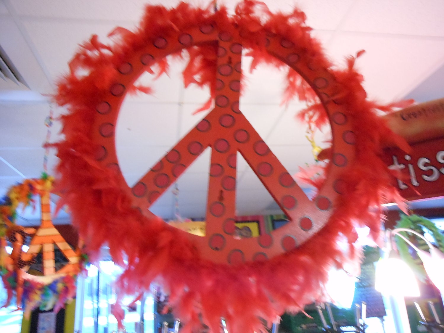 Jez4U Peace Signs BIG and One of a KIND Handpainted Whimsy 18 inch PEACE Signs finished off with a feathered boa