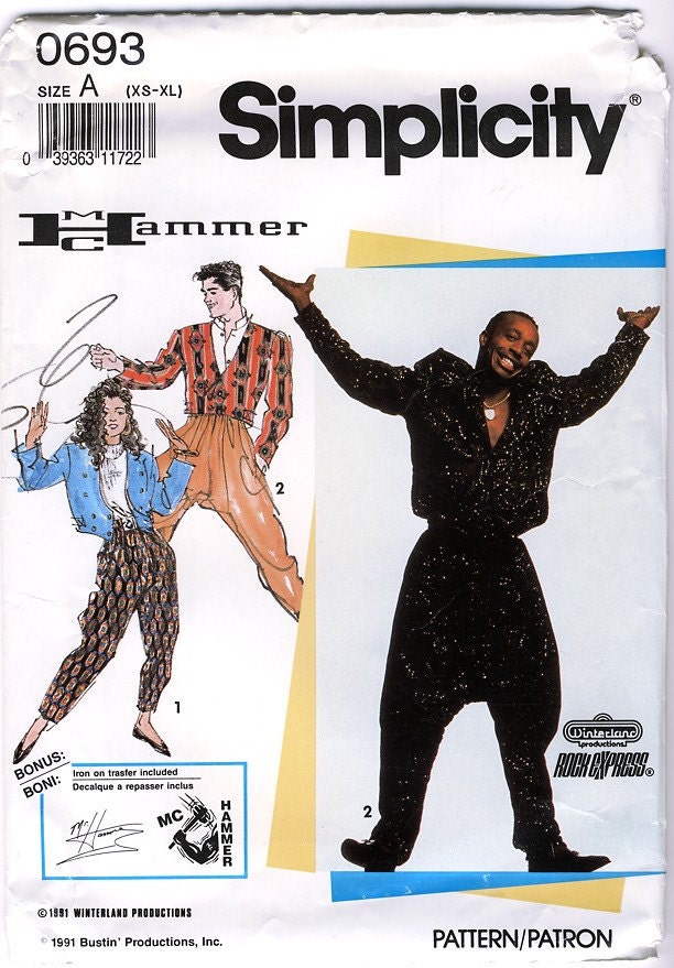Simplicity 0693 MC Hammer Misses', Men's or Teen Boys' Set of Loose-Fitting Pants and Unlined Jacket Sewing Pattern - uncut - Size All