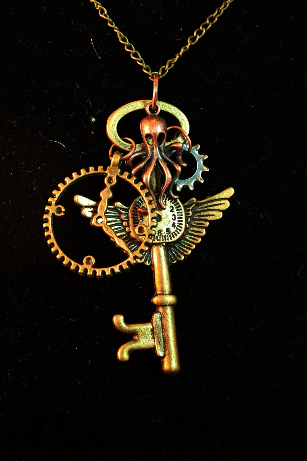 Steampunk Victorian Necklace Featuring Flying Key, gears, Sparrow or Kraken Octopus and large clock cog charms