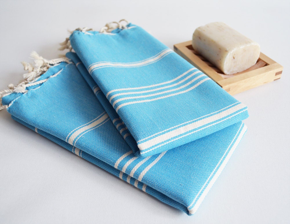 SET 2 Head and Hand Towel Peshkir - Blue (white striped)