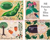 Set of 4 Unique Greeting Cards Blank 5x7, Get Well Soon, Botanical Illustration Style, Pills, Science, Chemistry, Medical