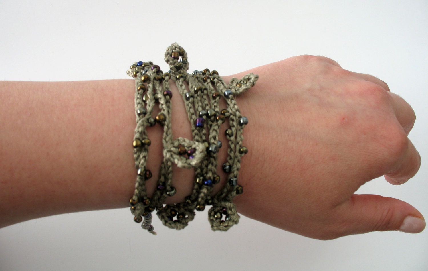 Sage green crocheted necklace / bracelet / belt with peacock delicate beads