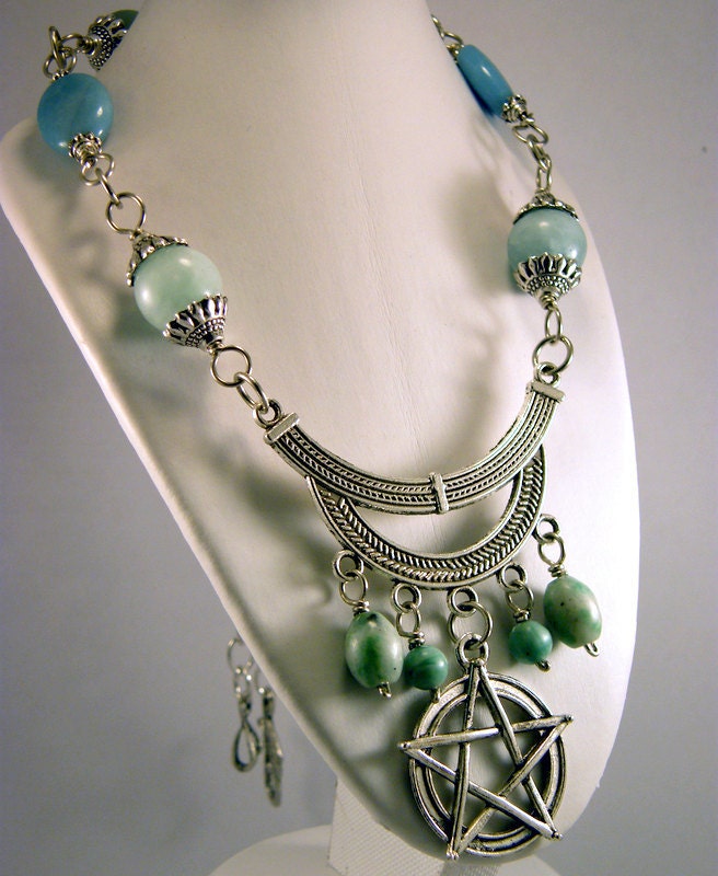 Wiccan Amazonite Pewter Pentacle Pentagram Necklace