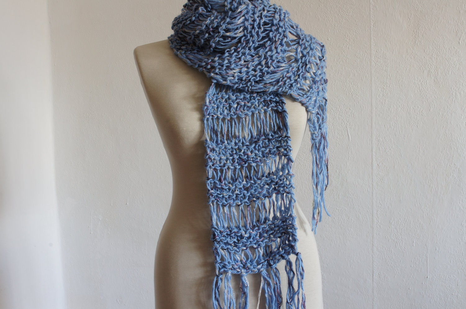 Sale 20%: Handmade Drop Stich Scarf in Pastel Blue, Sparkling Silver, and Purple - Free Shiping