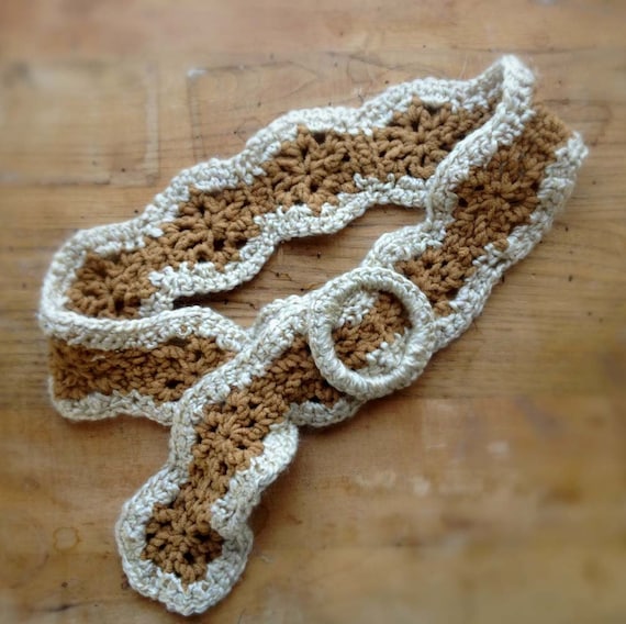 Crochet Boho Wrap Belt, Tan and Off-White
