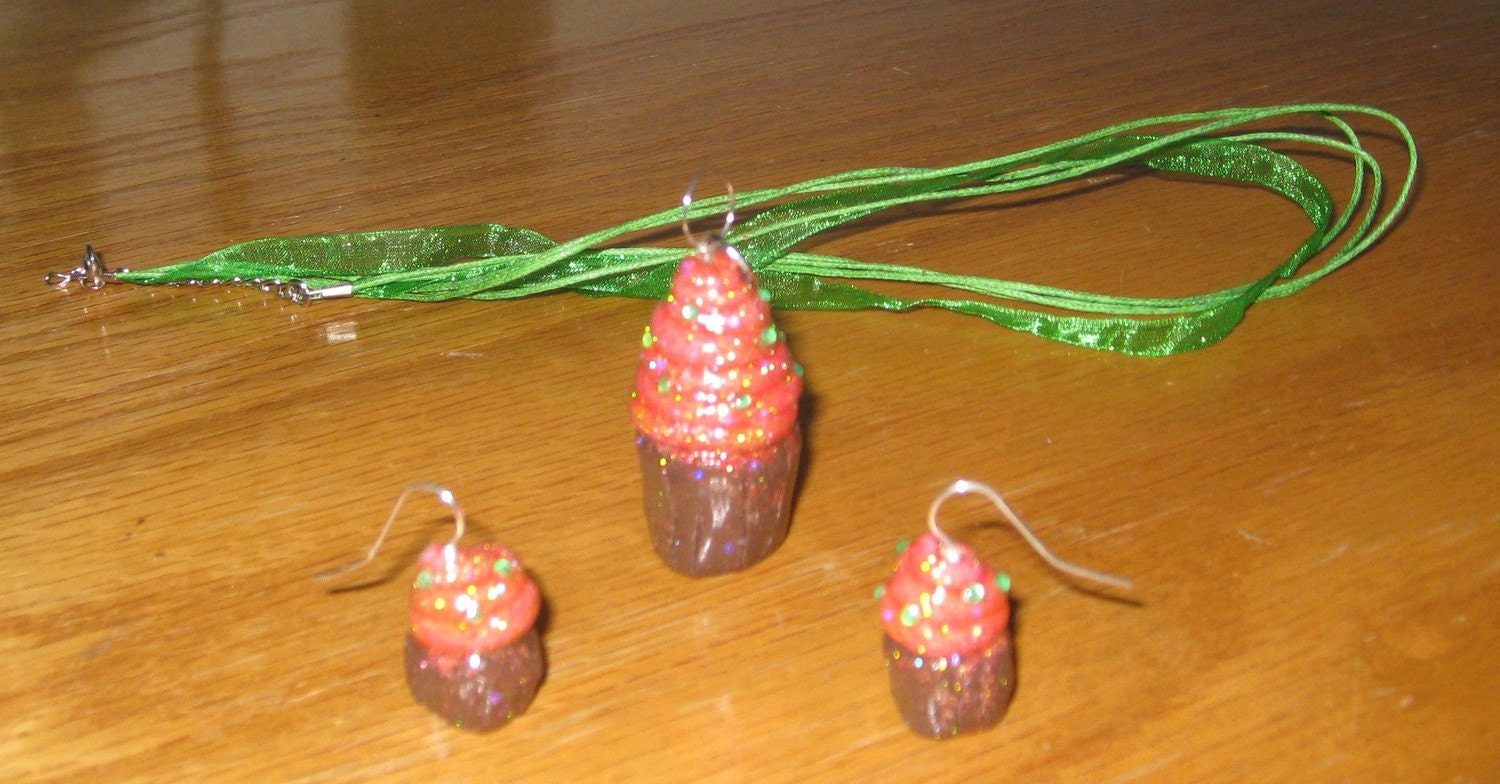Sparkly orange cupcakes polymer clay earrings and pendant / necklace