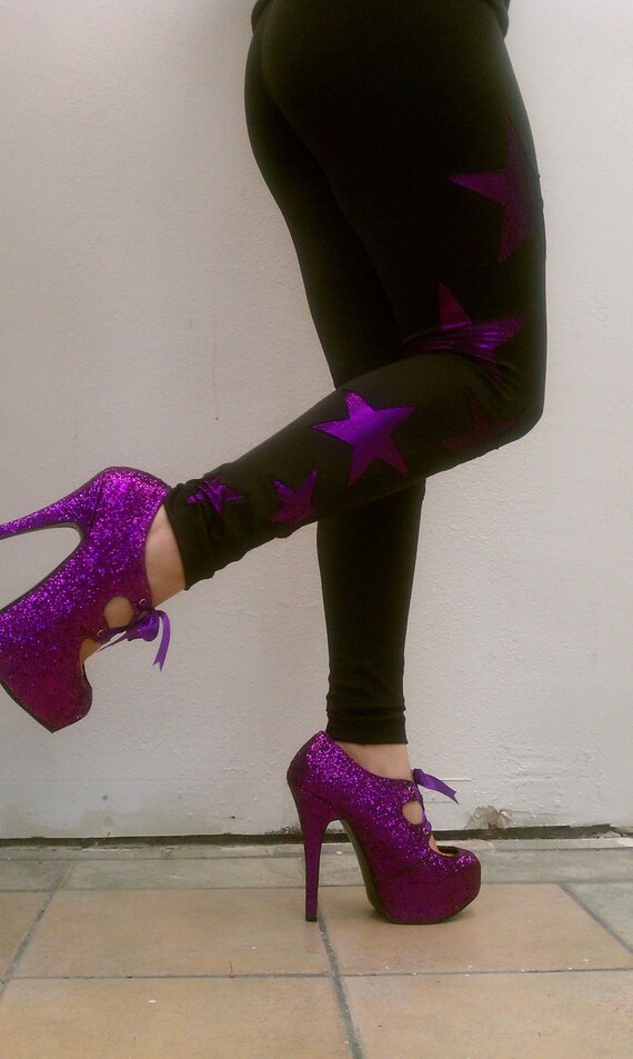 Black Violet Purple Fishnet Metallic Stars Spandex Leggings Tights Pants Womens - GEMMBYGENESIS