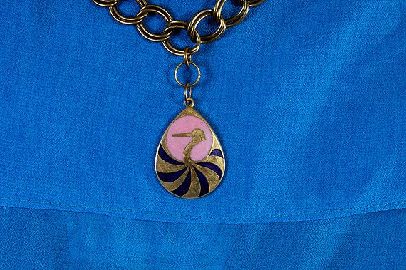 Swan Lake Sunset Double link Long Brass Chain w/ vintage Pink  Blue and Gold Tear Drop Cloisonne Swan Pendant