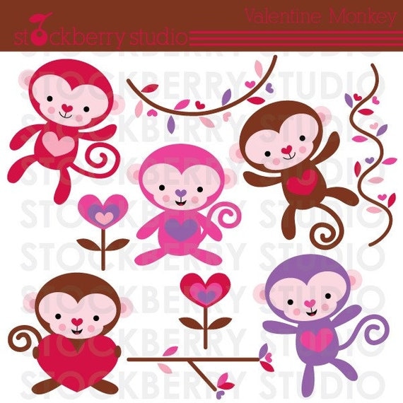 Valentine Monkey Personal and Commerical Use Vector Clipart Set - Instant Download Il_570xn