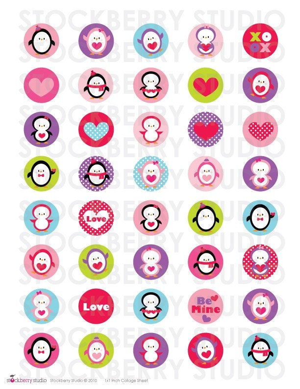 Valentine Penguins Digital 1 inch Collage Sheet Il_570xn