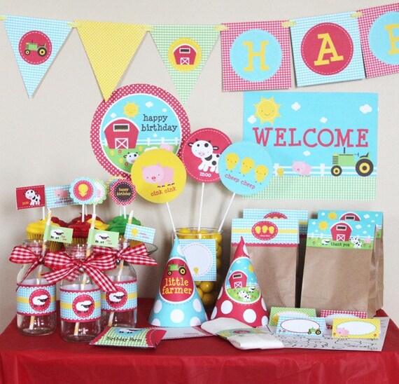 Farm Animals Printable Birthday Party Package- Red Blue Green Yellow - INSTANT DOWNLOAD Il_570xn