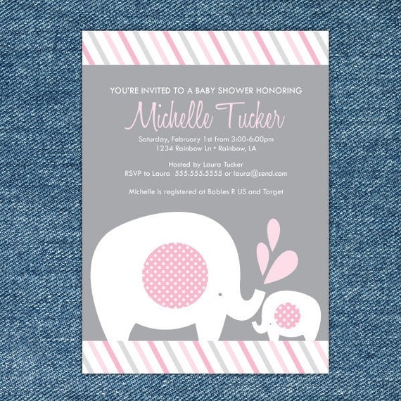 Elephant Baby Shower Printable Invitation Gray and Pink Il_570xn