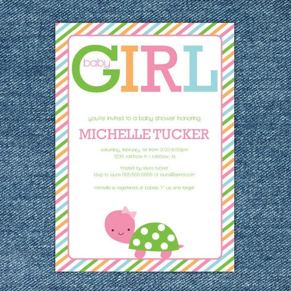 Girl Turtle Baby Shower Printable Invitation - Pink & Green Il_570xn