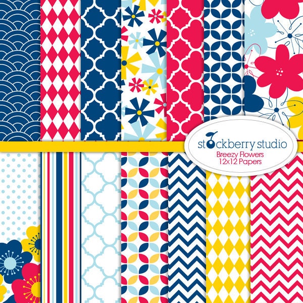 Breezy Flowers Digital Scrapbooking 12-12x12 Paper Pack Il_570xn