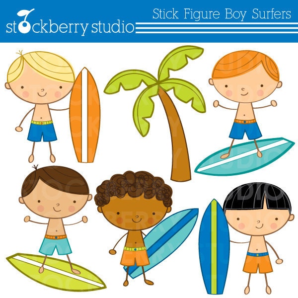 Stick Figure Surfer Boys Personal and Commerical Use Clipart Set - Instant Dowmload Il_570xn