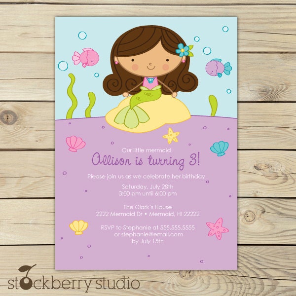 Brunette Mermaid Birthday Party Printable 5x7 Invitation