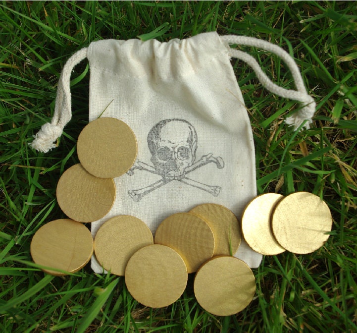 PIRATE Treasure Coins, Pretend Play Gold Doubloons in Drawstring Bag