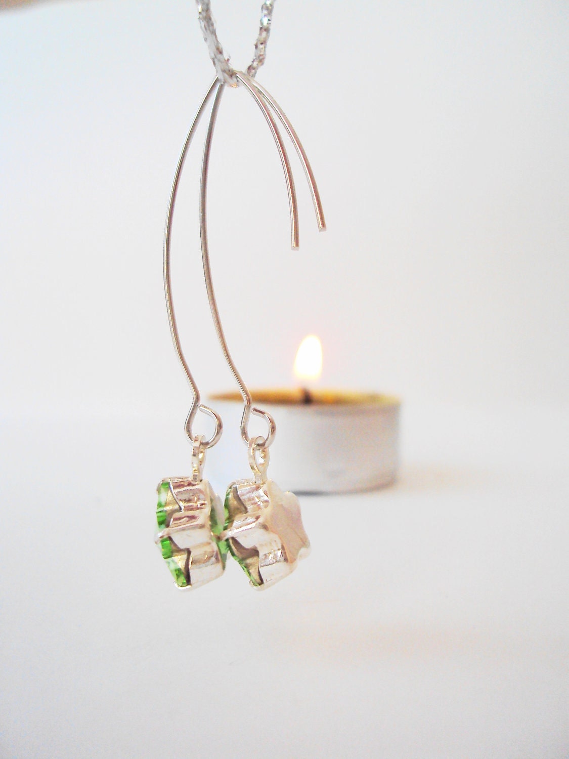 Green Flower Dangle Earrings - Romantic Bright Crystal Hooks, Long Hoops, Flower Rhinestone, Drop Earrings
