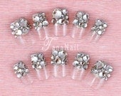 Japanese 3D Nail Art, Press On Nails, False Nails - Silver Rhinestones French Tips (T092N)