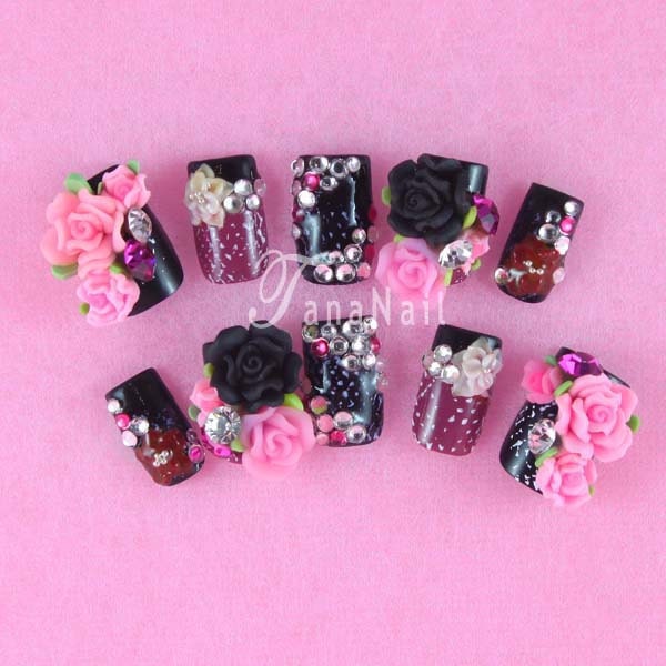 Japanese 3D Nail Art, Press On Nails, False Nails - Gorgeous Black & Purple French Nail Tips with Rose Hot Item (T072K)