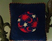 Handstitched Moon Sun and Stars Needlepoint Pillow