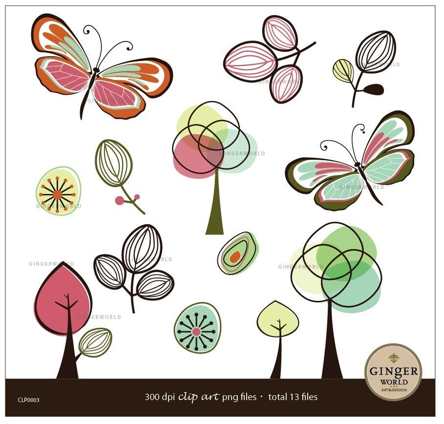 Butterfly in Forest Flower Leaves Clip art digital file printable instant download (CLP0003)