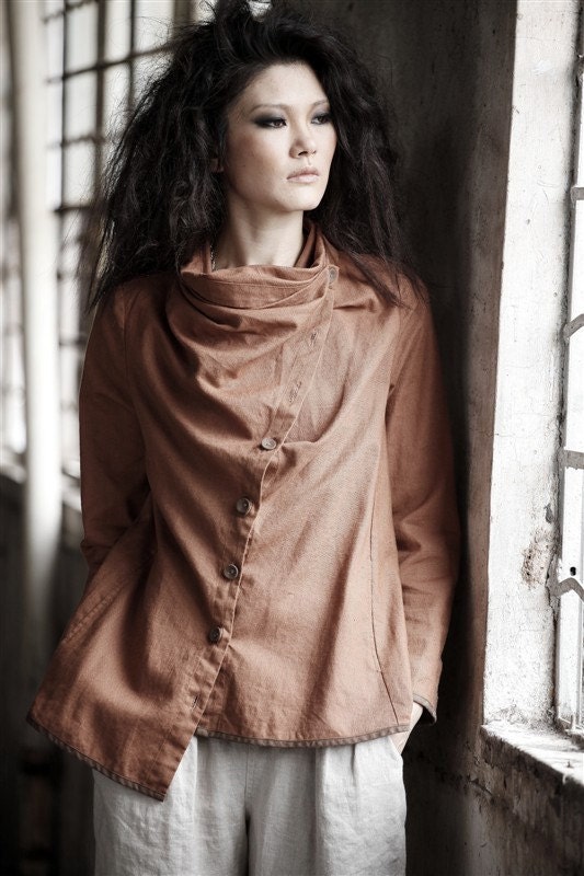 Stop to think/long sleeves turndown big collar/rust orange/custom made