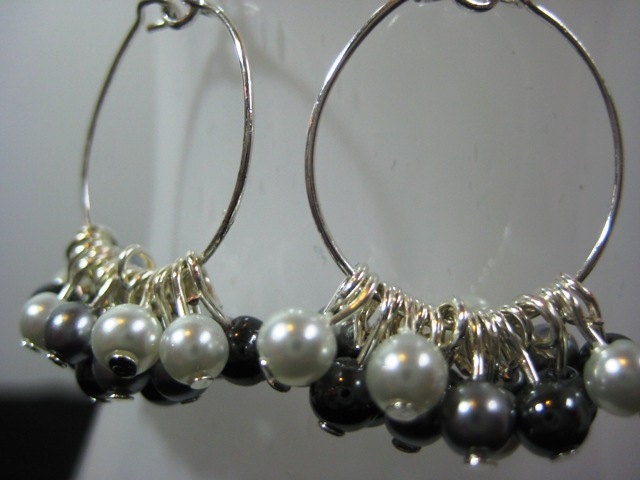 Grey White and Black "Tassel" Silver Hoop Earrings - Small