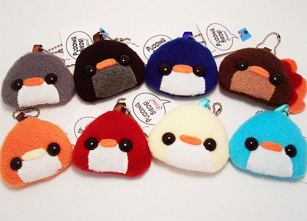 Pudding Bird Plushie Keychain kawaii stuffed toy bag charm in soft blue fleece Penguin Pigeon Crow Turkey Chicken Robin Duck or Bluejay