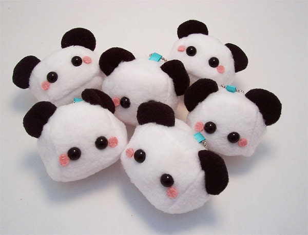 Baby Panda Bear Sugar Cube Plushie Keychain kawaii stuffed toy bag charm in white and black soft fleece