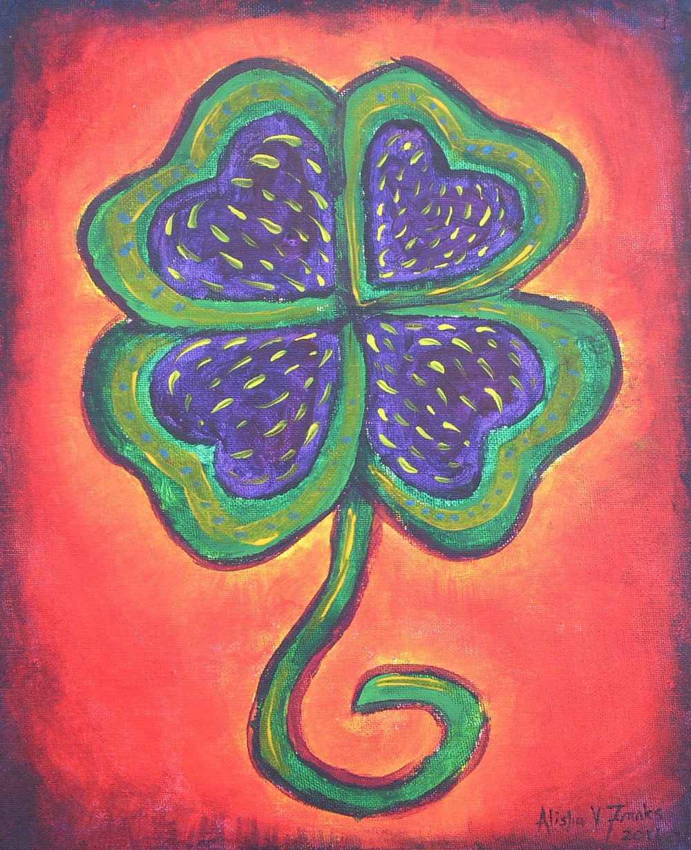 Lucky Me Acrylic Original Painting - Colorful 4 leaf clover - 11" x 14"