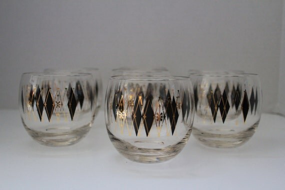 Atomic Mid Century Modern Black and Gold Diamond Roly Poly Set of Seven Glasses - Very Mad Men