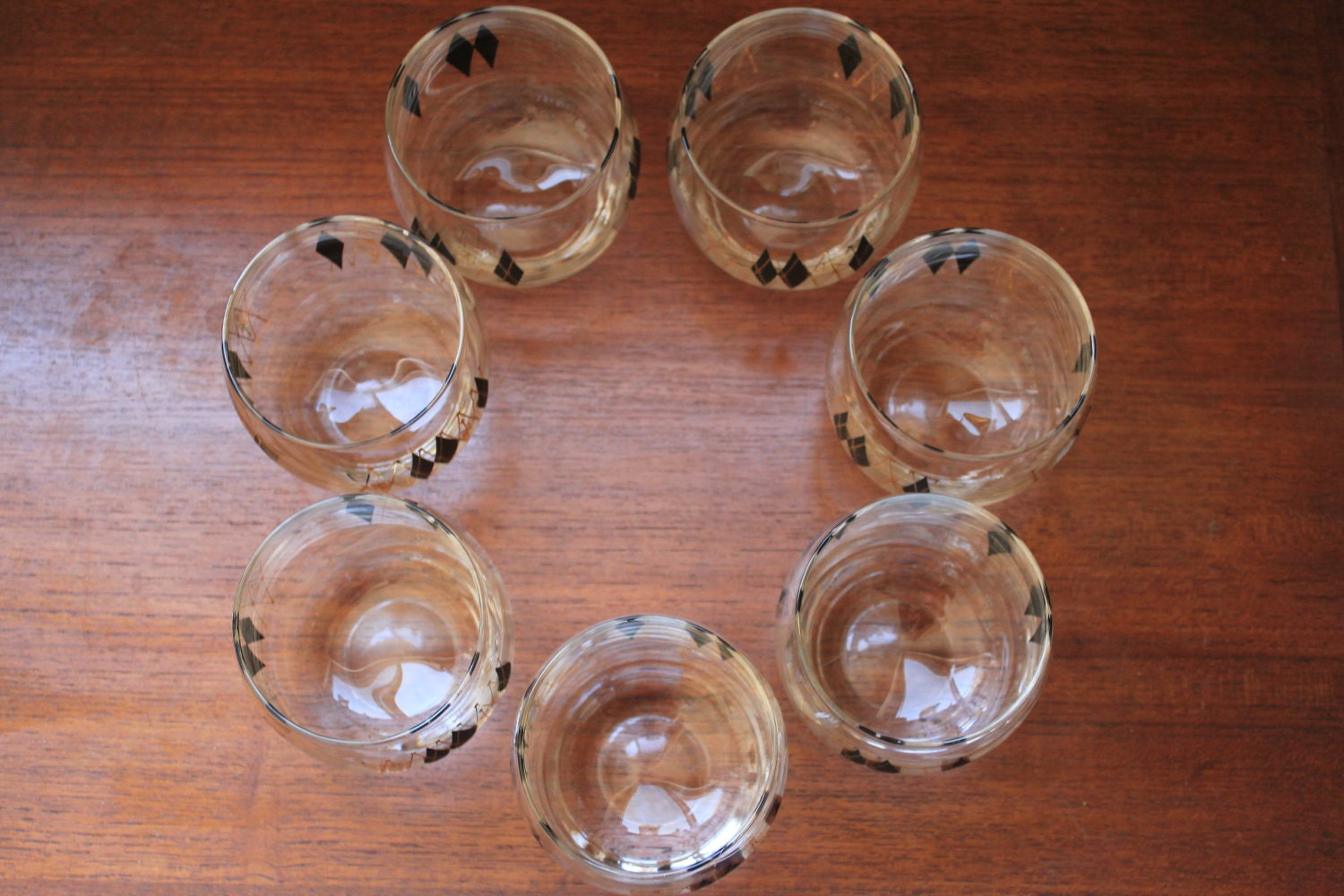 Atomic Mid Century Modern Black and Gold Diamond Roly Poly Set of Seven Glasses - Very Mad Men
