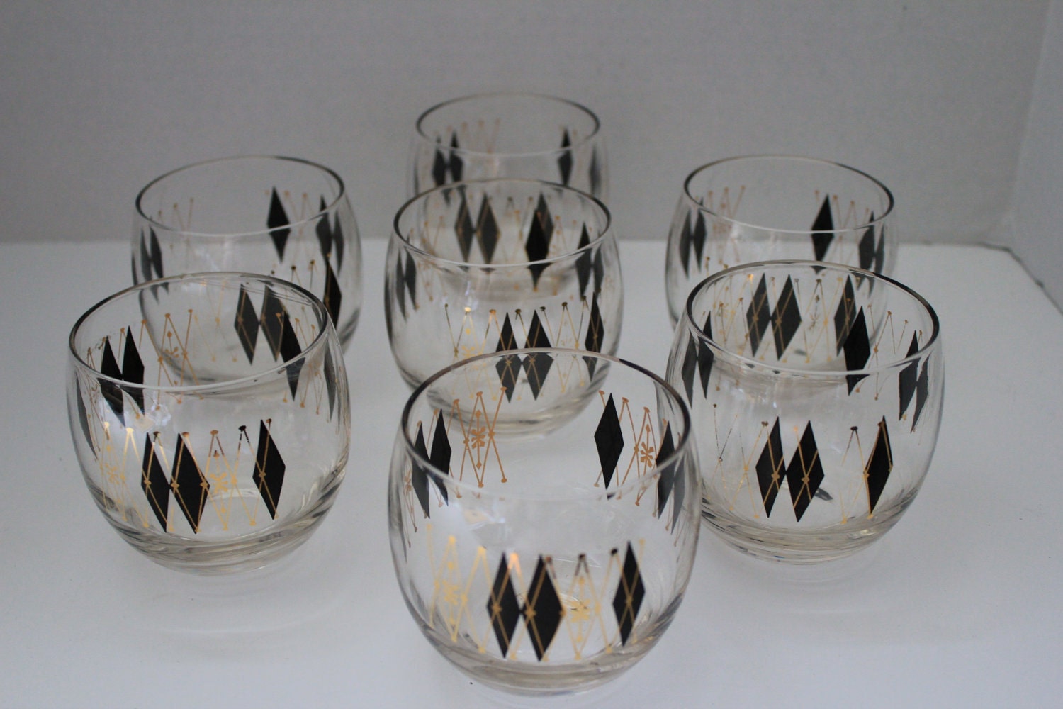 Atomic Mid Century Modern Black and Gold Diamond Roly Poly Set of Seven Glasses - Very Mad Men