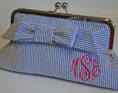 Monogrammed Seersucker Clutch - Small Wrap Bow, Bridesmaids gift