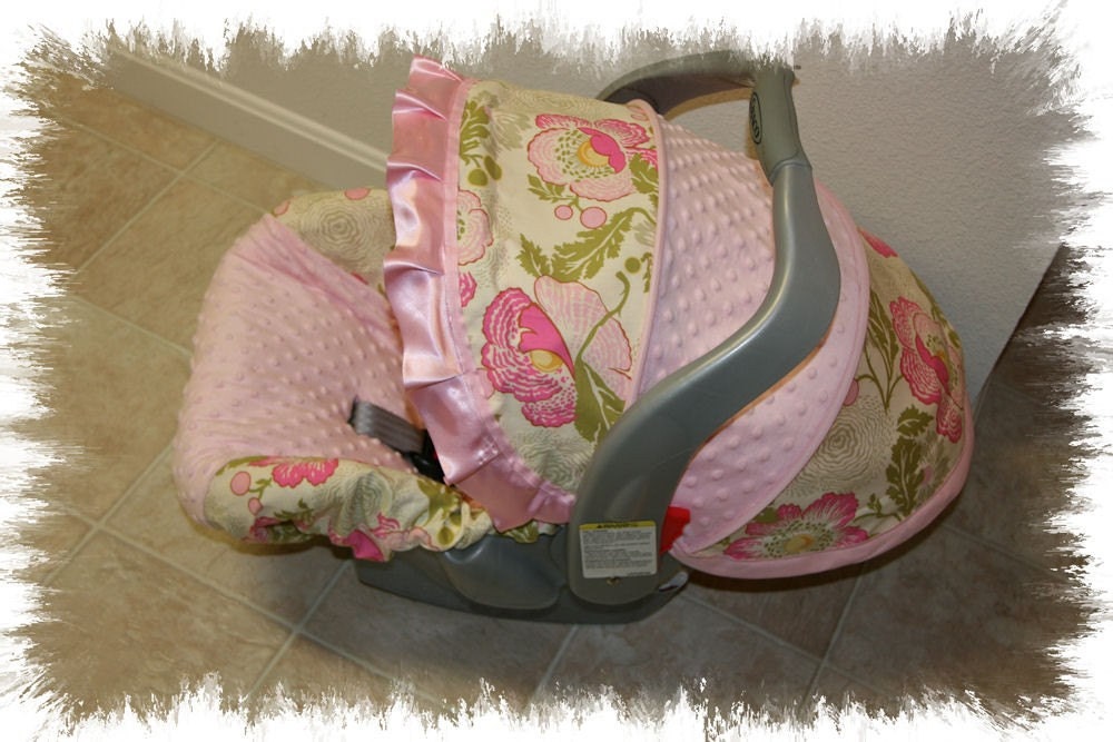 Pink Lotus with Satin pink Ruffle Infant car seat cover - Custom order