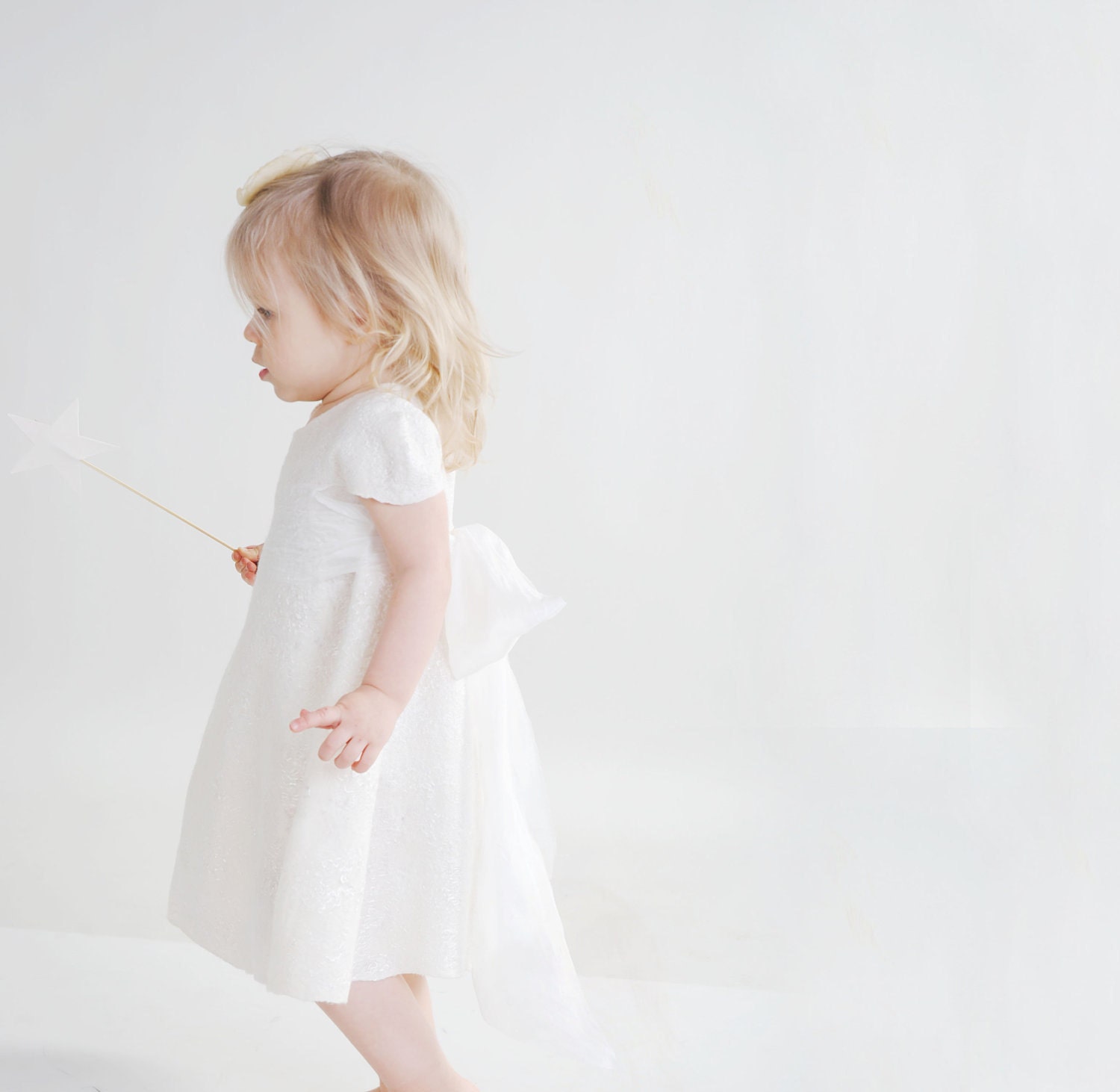 White dress for flower girl with silk bow felted baby girl dress eco friendly soft 2 year 2T oht gift idea for birthday