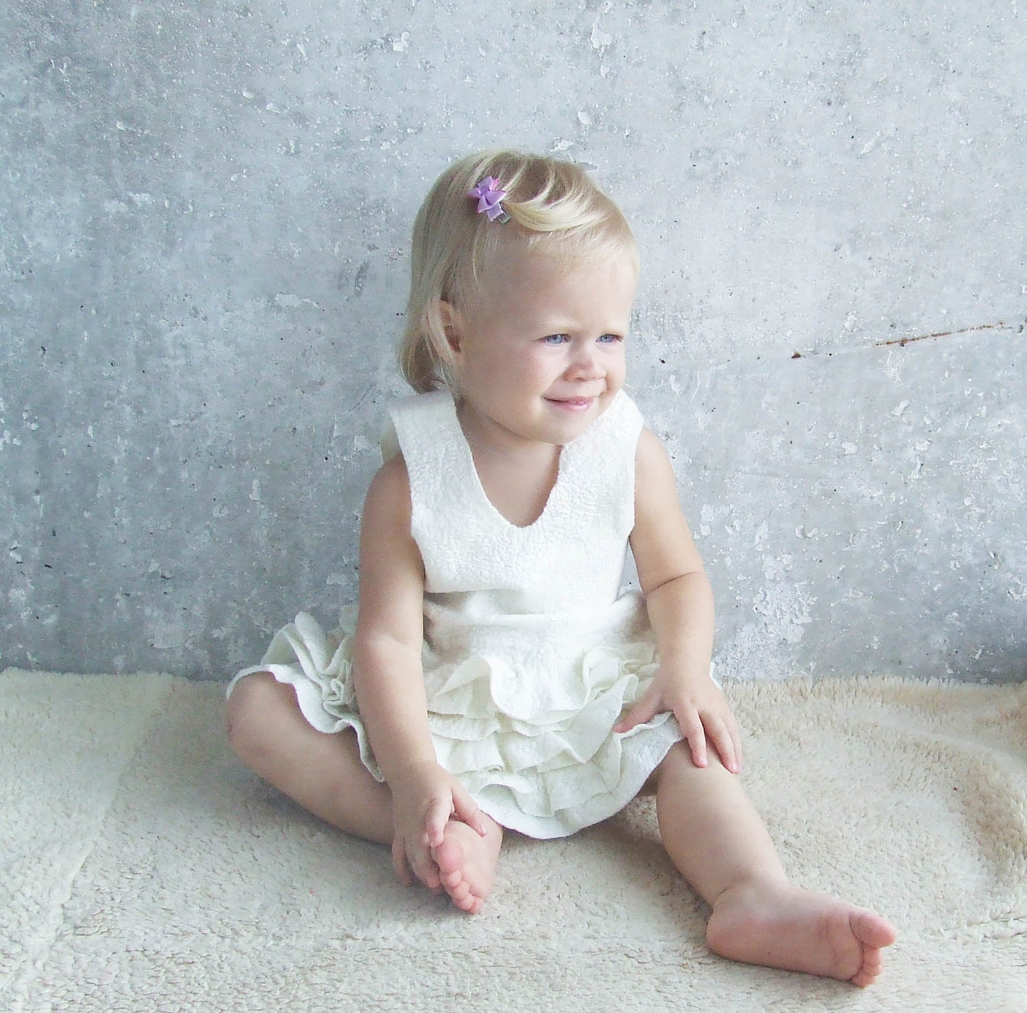 White baby dress felted ivory wool ruffles eco friendly soft for birthday weddings party OOAK gift idea little Valentine day