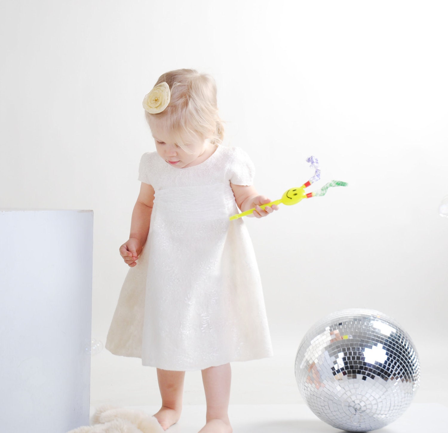 White dress for flower girl with silk bow felted baby girl dress eco friendly soft 2 year 2T oht gift idea for birthday