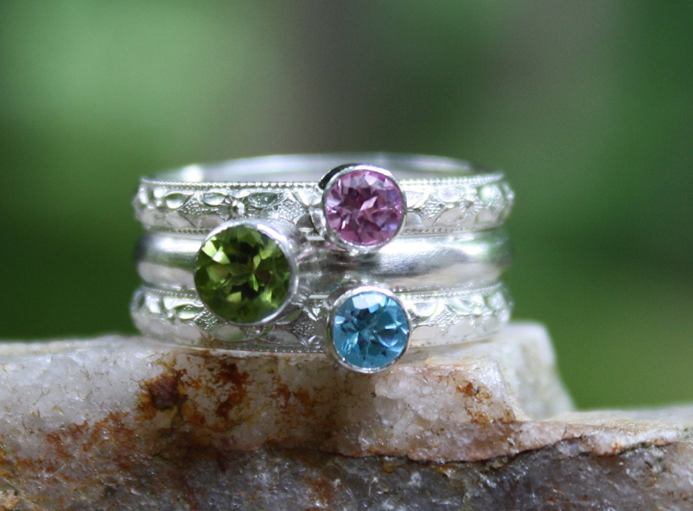 Birthstone Stacking Ring, 3 Family & Mother's Rings, two 4mm and one 5mm Gemstones, Sterling Silver, custom made