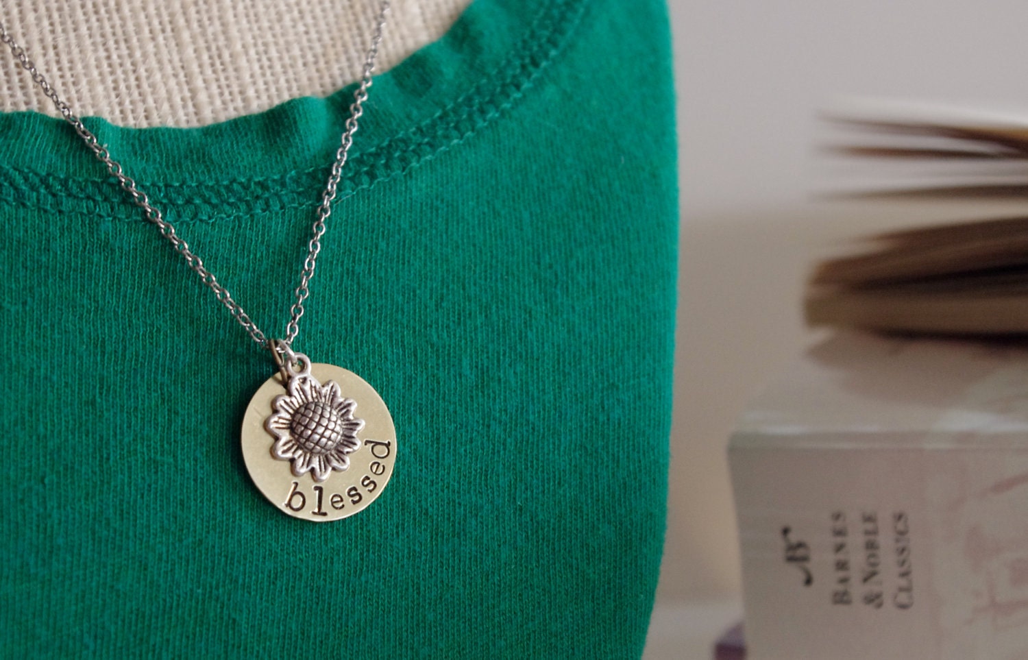 Personalized Hand Stamped Metal Necklace with Charm - Blessed - Sunflower - Happy - Necklace