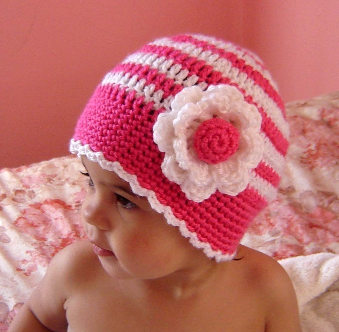PDF Instant Download CROCHET PATTERN No 053 Striped Beanie with the Flower all sizes