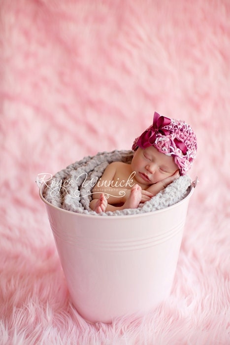 PDF Instant Download Easy Crochet PATTERN No 203 Maroon Ribbon Beanie Photography Prop Sizes Preemie, Newborn, 0-3, 3-6 months