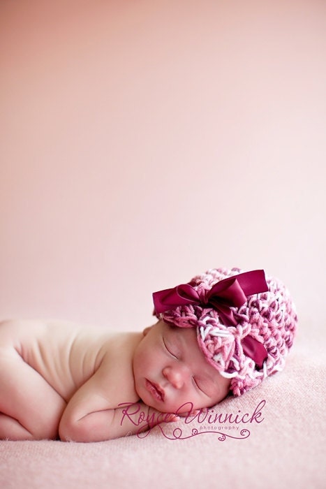 PDF Instant Download Easy Crochet PATTERN No 203 Maroon Ribbon Beanie Photography Prop Sizes Preemie, Newborn, 0-3, 3-6 months