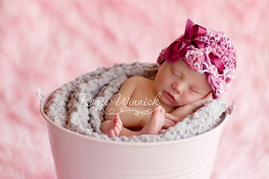 PDF Instant Download Easy Crochet PATTERN No 203 Maroon Ribbon Beanie Photography Prop Sizes Preemie, Newborn, 0-3, 3-6 months