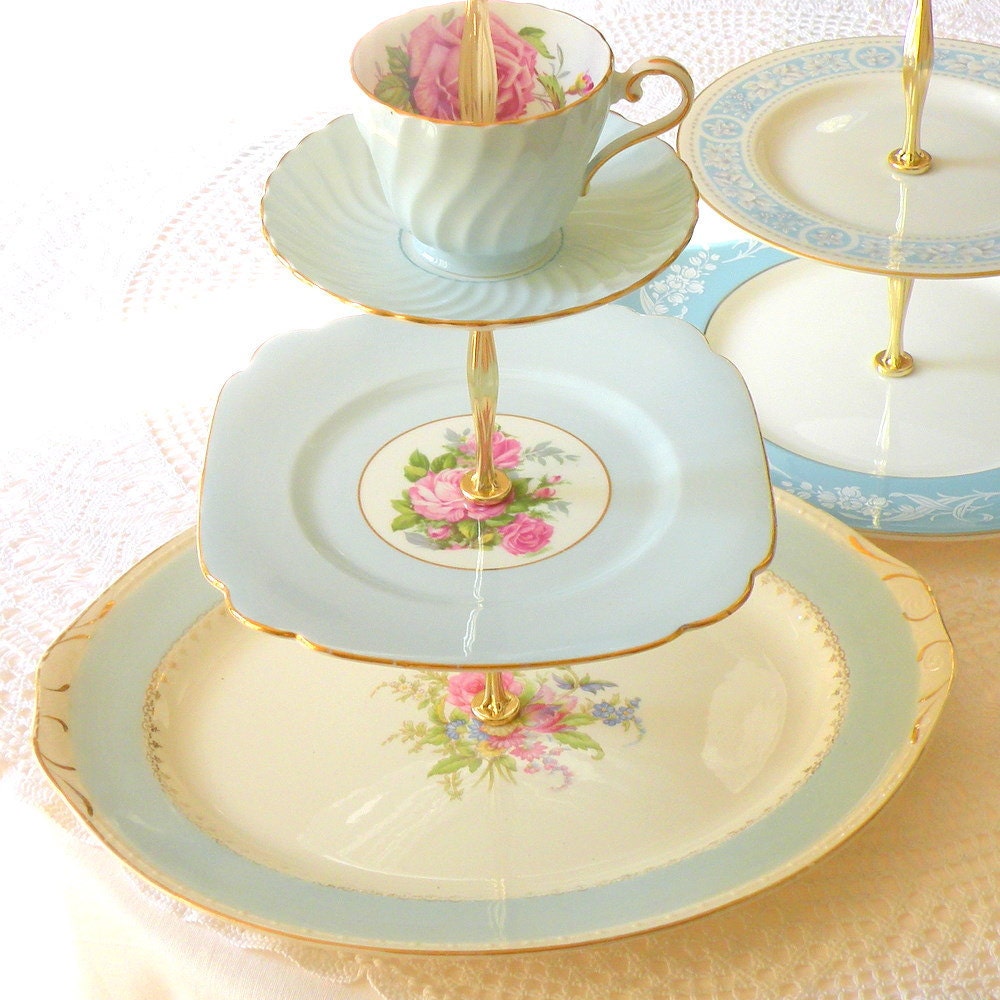 SALE Alice Loves Sky Blue, Cupcake Stand & Cake Tray Platter in 3 Tiers for Wedding, Tea Party or Birthday Sweets