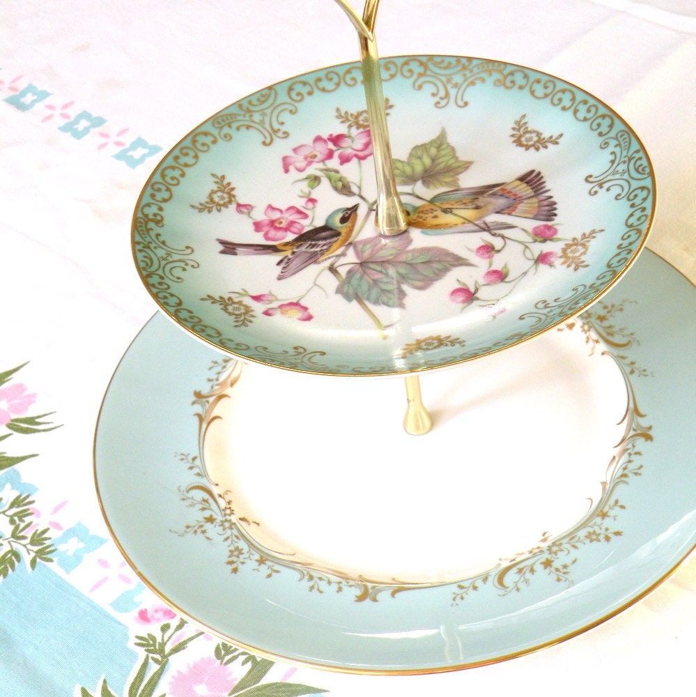 Alice Spies Two Lovebirds Vintage China 2 Tiered Stand in Tiffany Blue for Weddings, Cupcakes, Tea, Appetizers and Desserts
