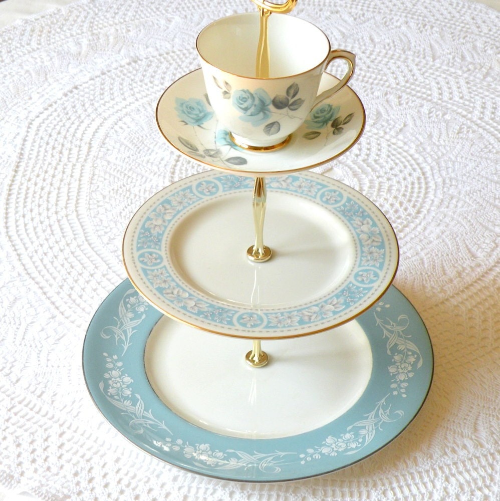 Alice Draws Blue Roses 3-Tier Cupcake Stand of Vintage China for Garden Tea Party, a Something Blue Wedding or Birthday Dessert Pedestal Display