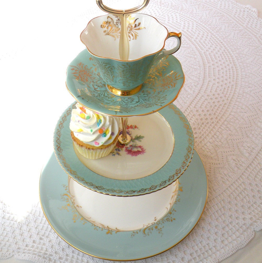 Alice & the Tiffany Box, Vintage China Aqua Blue Cupcake Stand or 3 Tier Cake Plate for High Tea, Birthday Party or Spring Garden Wedding