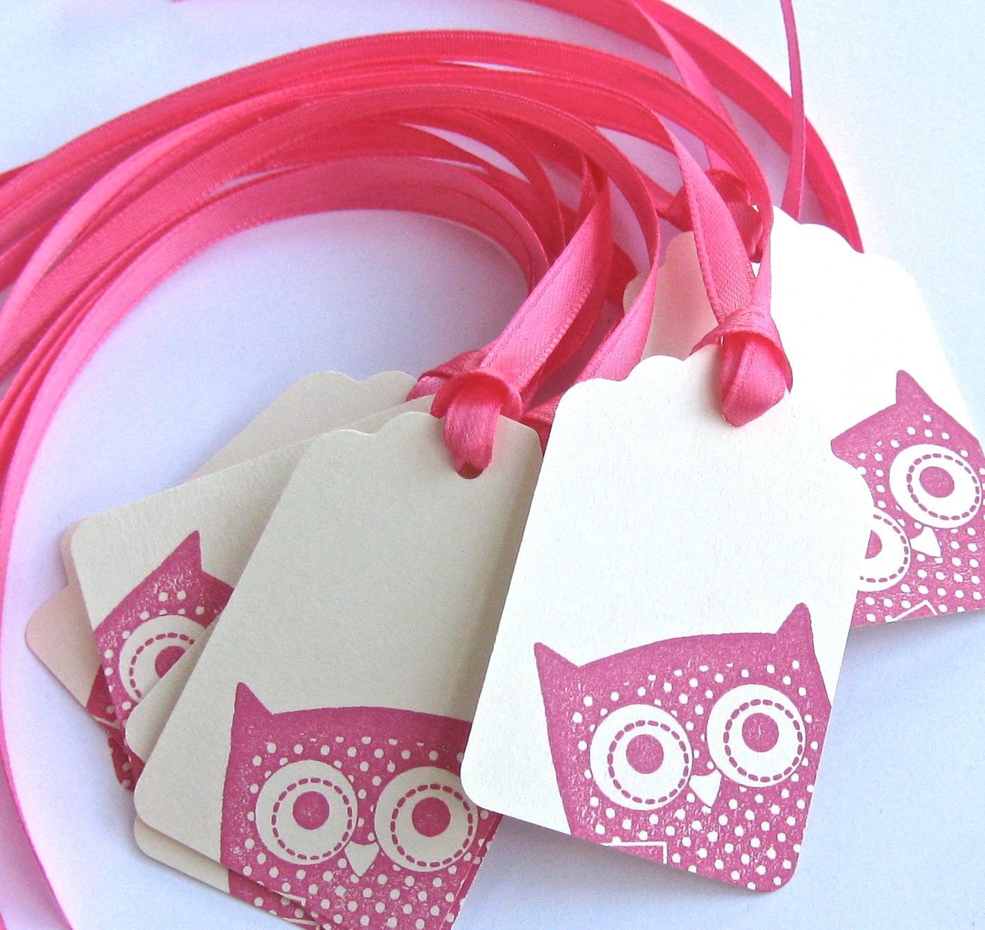Peek - A - Whoo - Hand Stamped Peeking Owl Gift Tags - Set of 8 - Bright Pink and Cream